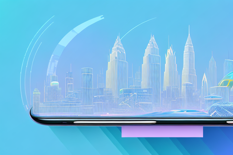Paisaje futurista con el horizonte de una ciudad y un dispositivo apple en primer plano.