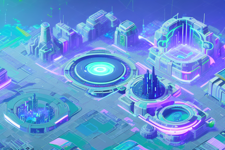 Un paisaje urbano futurista con un portal al metaverso de Fortnite