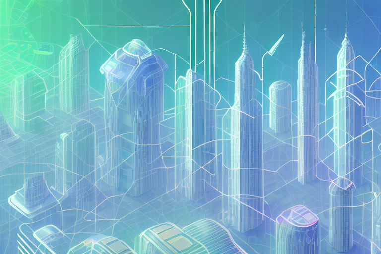 A futuristic cityscape with buildings connected by a web of data