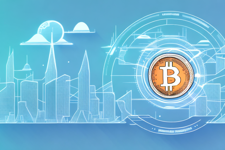 A futuristic cityscape with a large bitcoin symbol in the sky