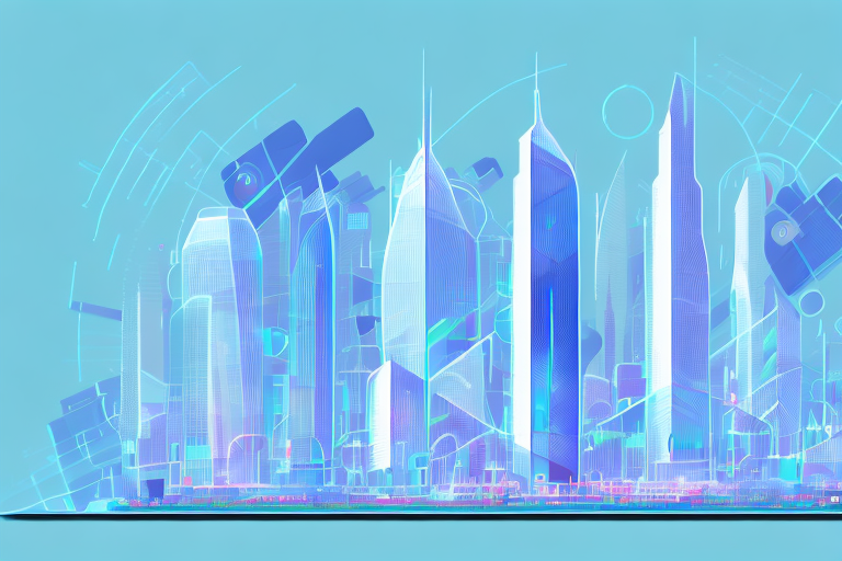 Uma paisagem urbana futurista com arranha-céus e painéis digitais a publicitar anúncios do Facebook