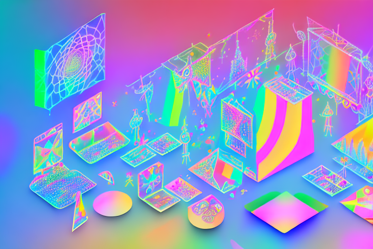 A colorful festival scene with augmented reality elements such as holograms