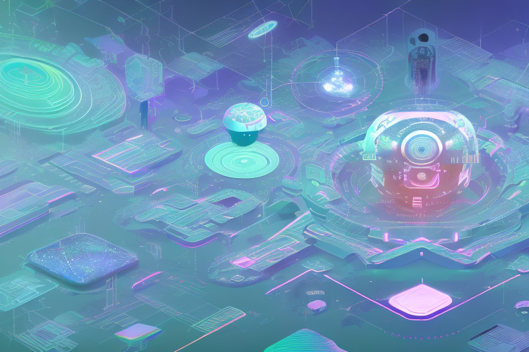 A futuristic landscape with a variety of digital objects